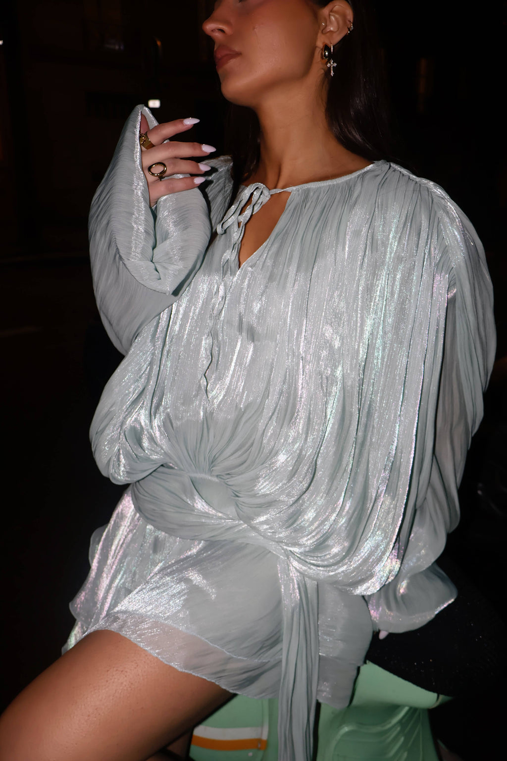Robe Marrakech - Robe Vert D'eau Satinée, Manches Fluides