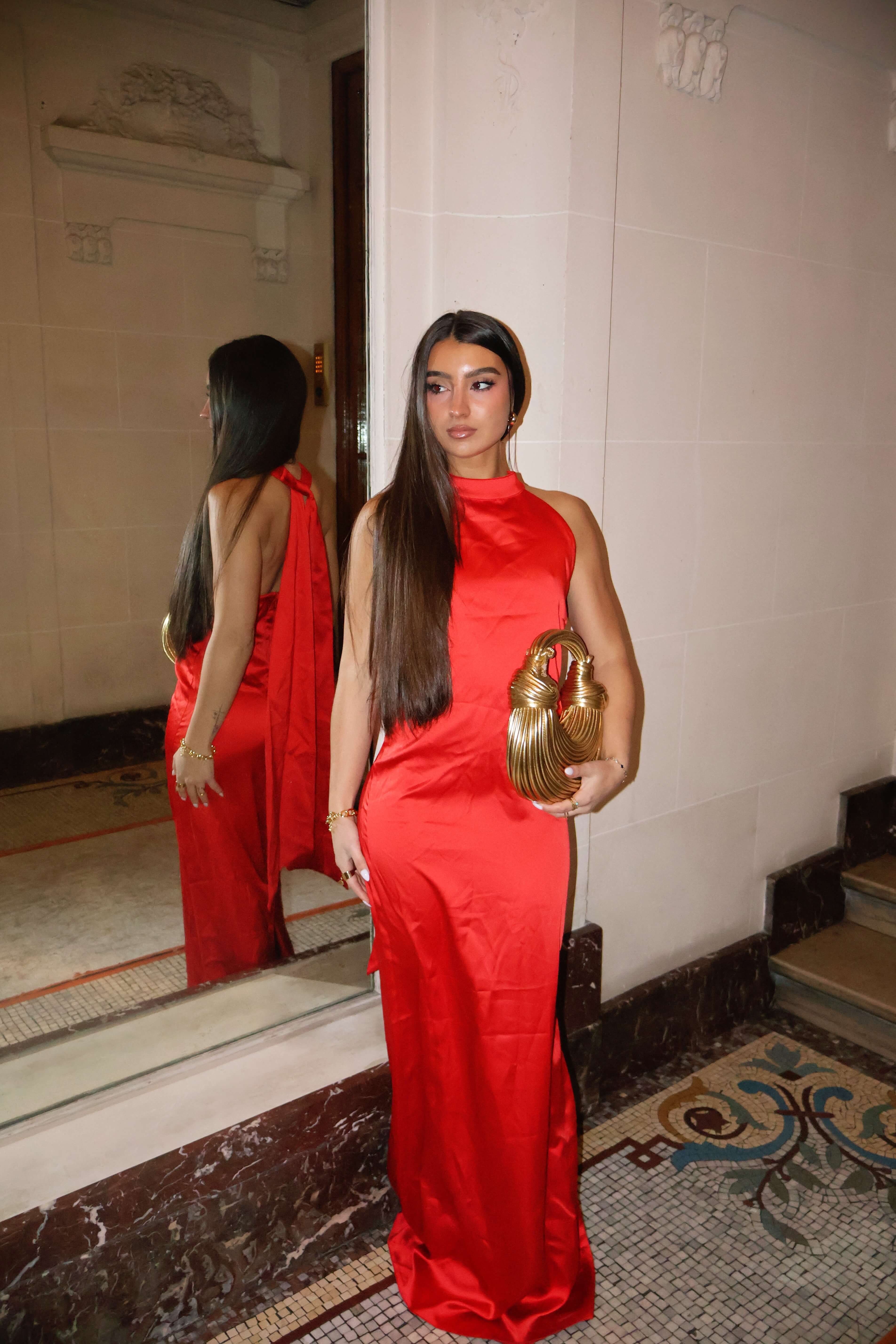 Robe Verona - Robe Rouge Longue Satinée, Dos Nu