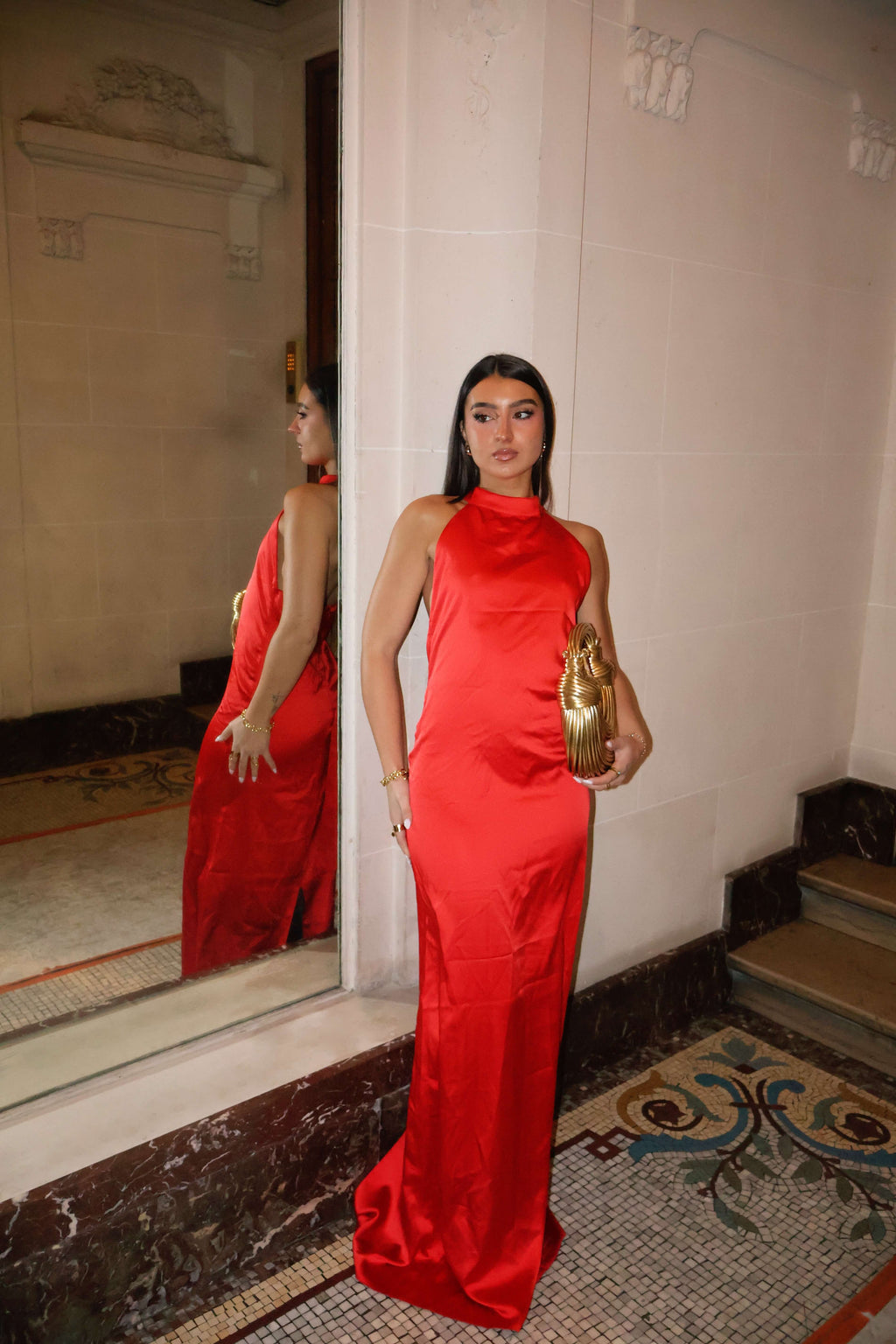 Robe Verona - Robe Rouge Longue Satinée, Dos Nu