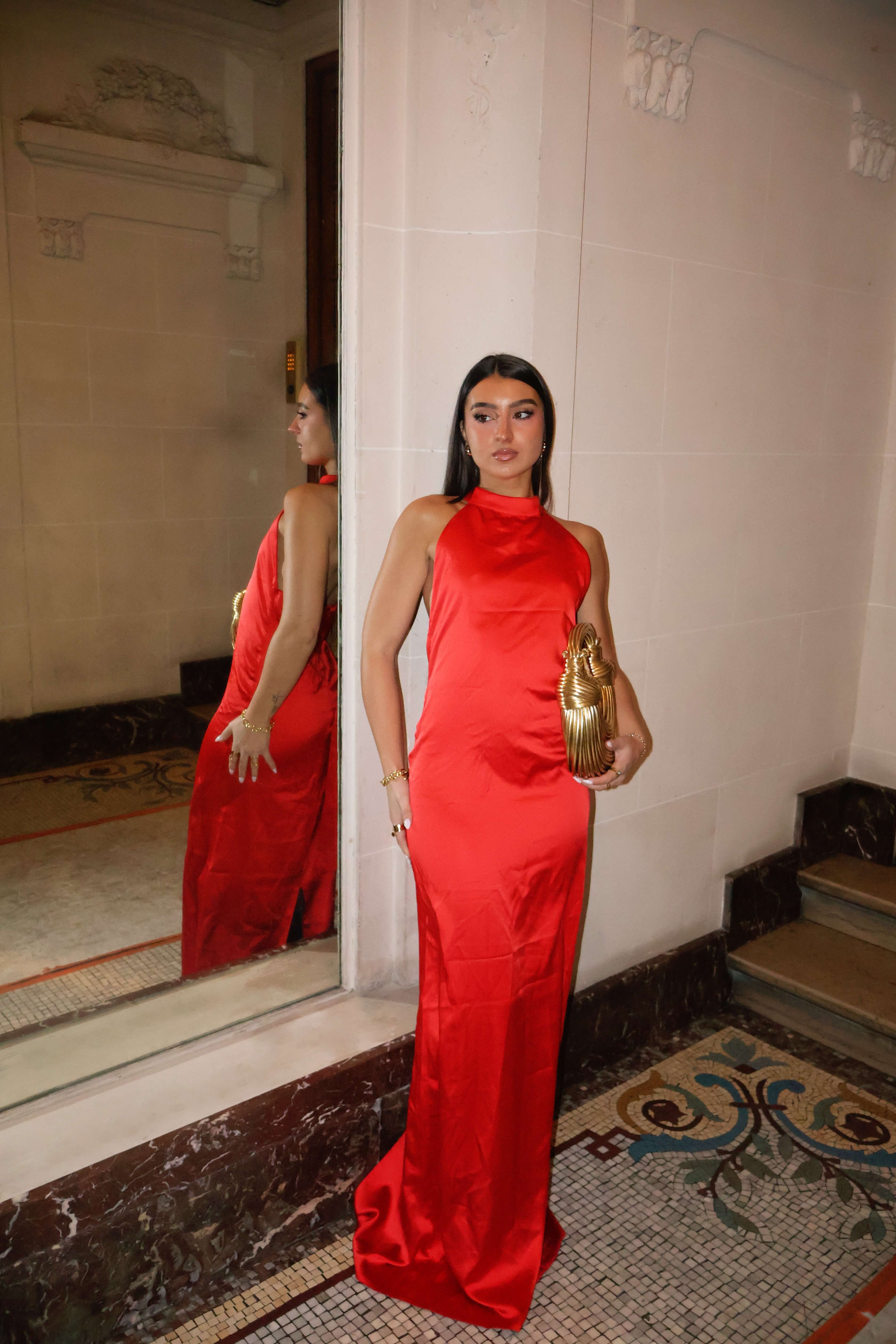 Robe Verona - Robe Rouge Longue Satinée, Dos Nu